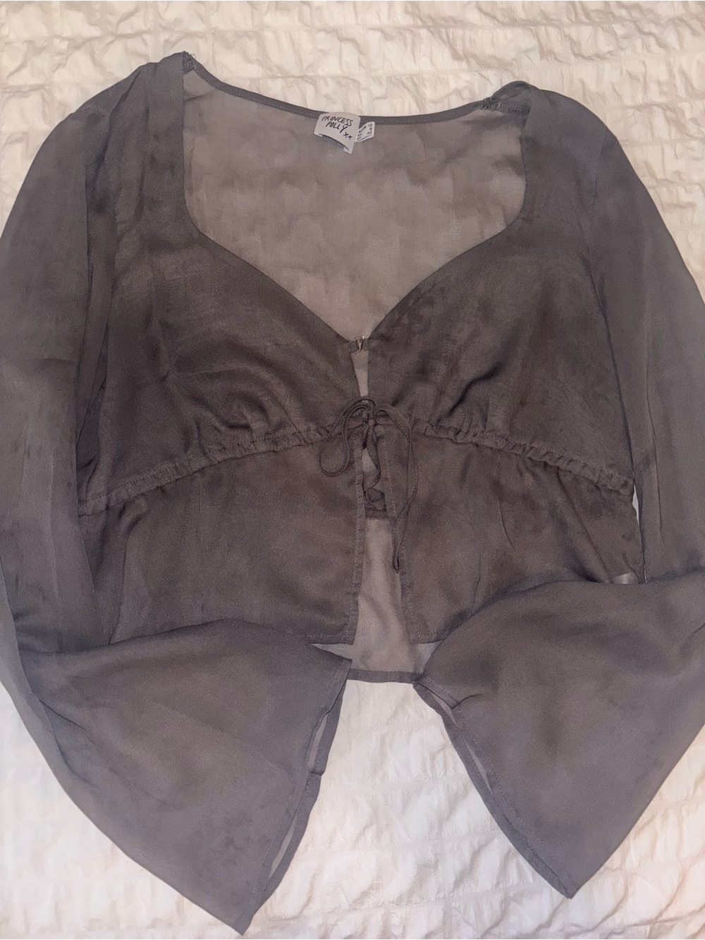 Sheer Gray Tie-Front Blouse